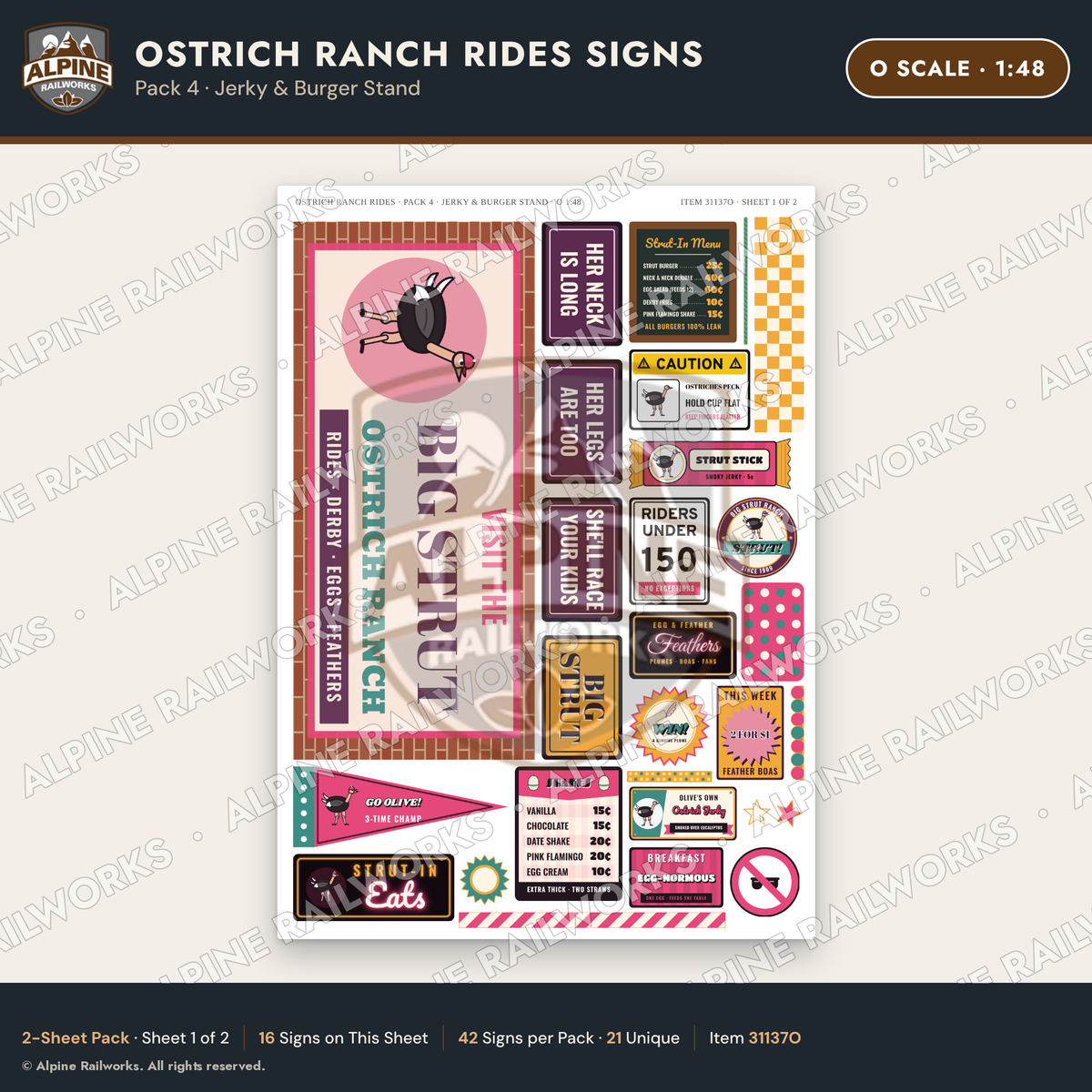 Alpine Railworks 31137O O Scale Roadside Signs - Ostrich Farm