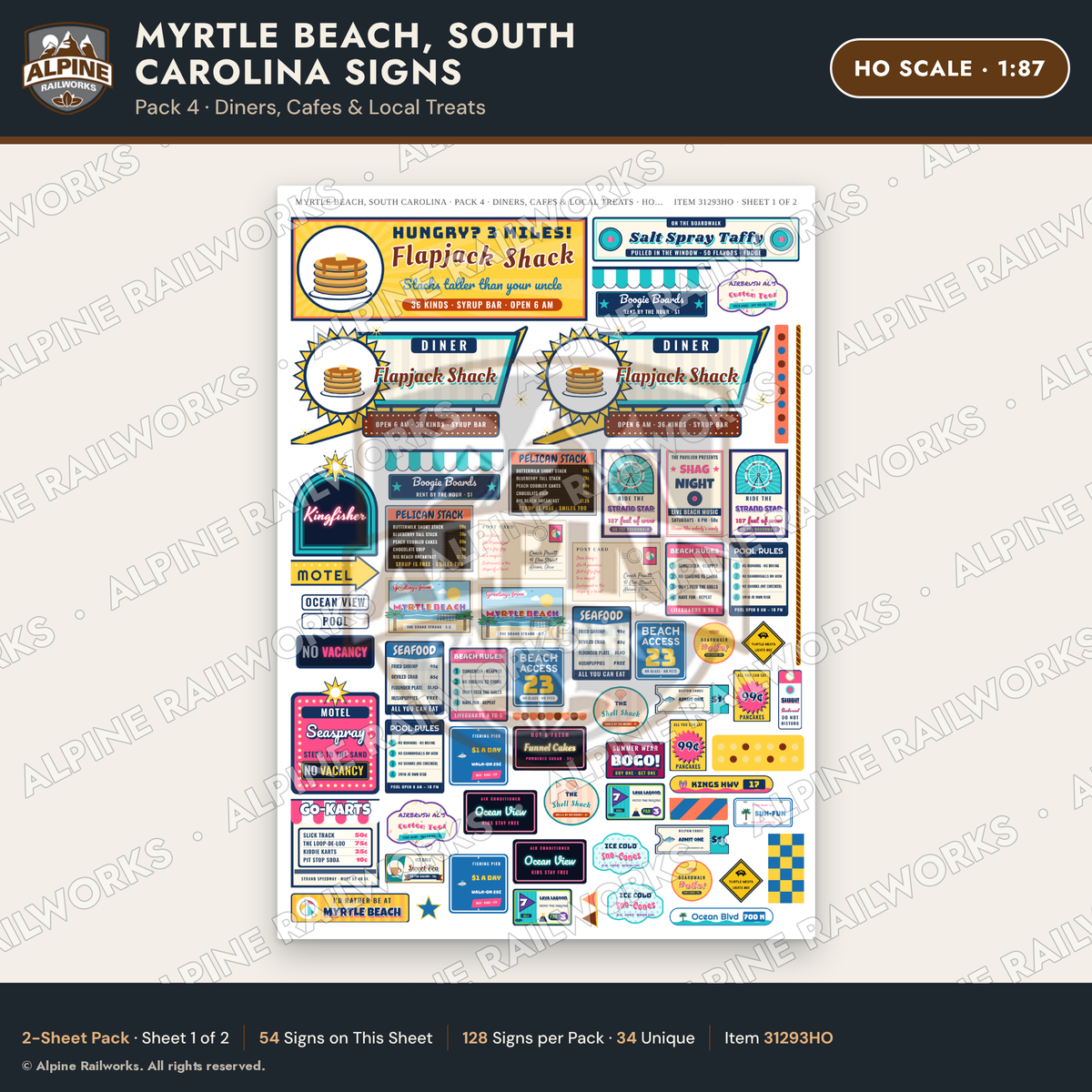 Alpine Railworks 31293HO HO Scale Myrtle Beach SC Signs - Diners