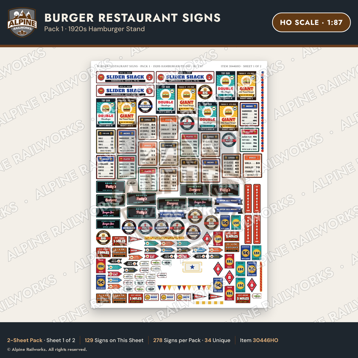 Alpine Railworks 30446HO HO Scale Burger Restaurant Signs