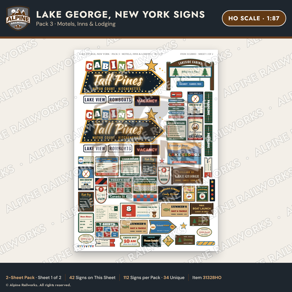 Alpine Railworks 31328HO HO Scale Lake George NY Signs - Motels & Inns