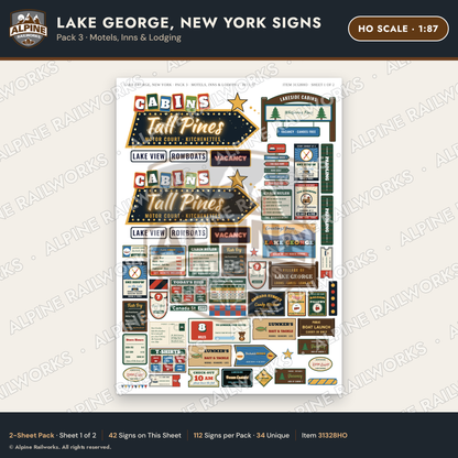 Alpine Railworks 31328HO HO Scale Lake George NY Signs - Motels & Inns