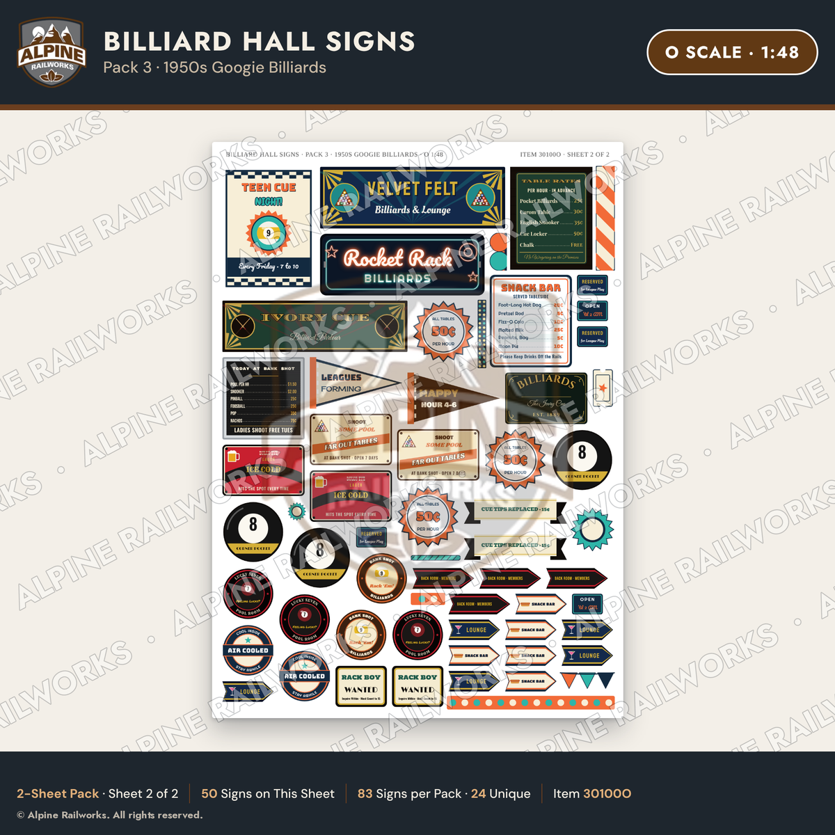 Alpine Railworks 30100O O Scale Billiard Hall Signs - Googie Billiards