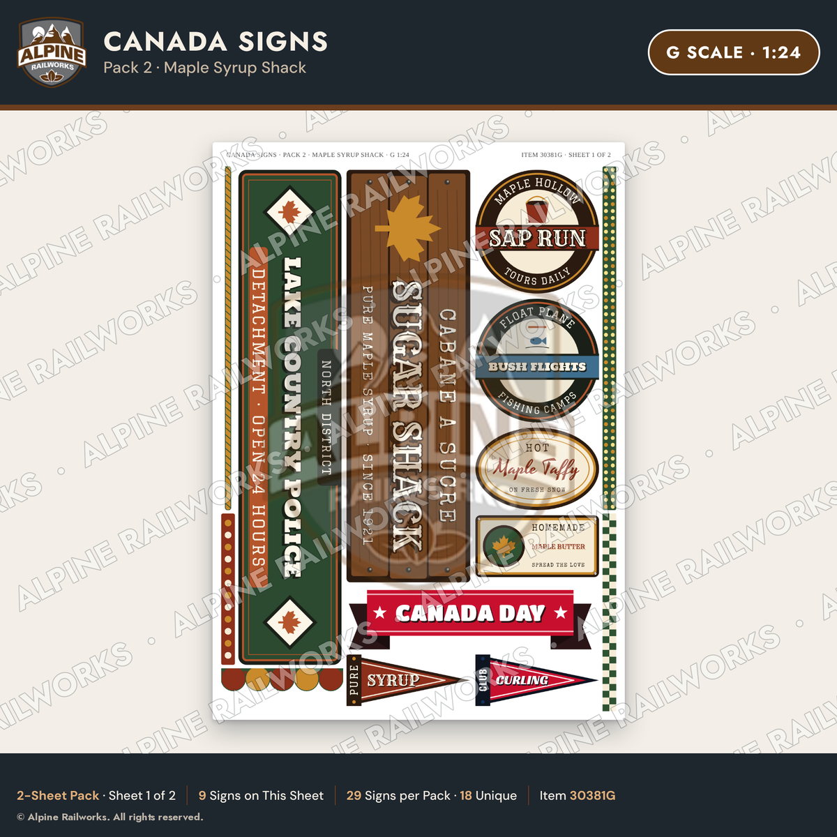 Alpine Railworks 30381G G Scale Canada Signs - Maple Syrup Shack