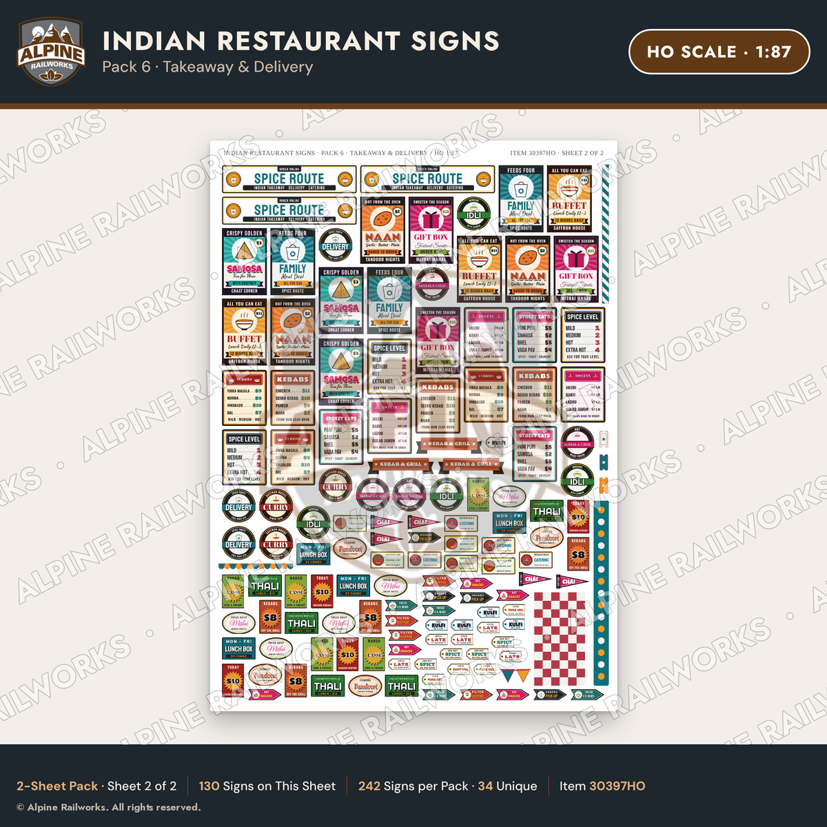 Alpine Railworks 30397HO HO Scale Indian Restaurant Signs - Takeaway