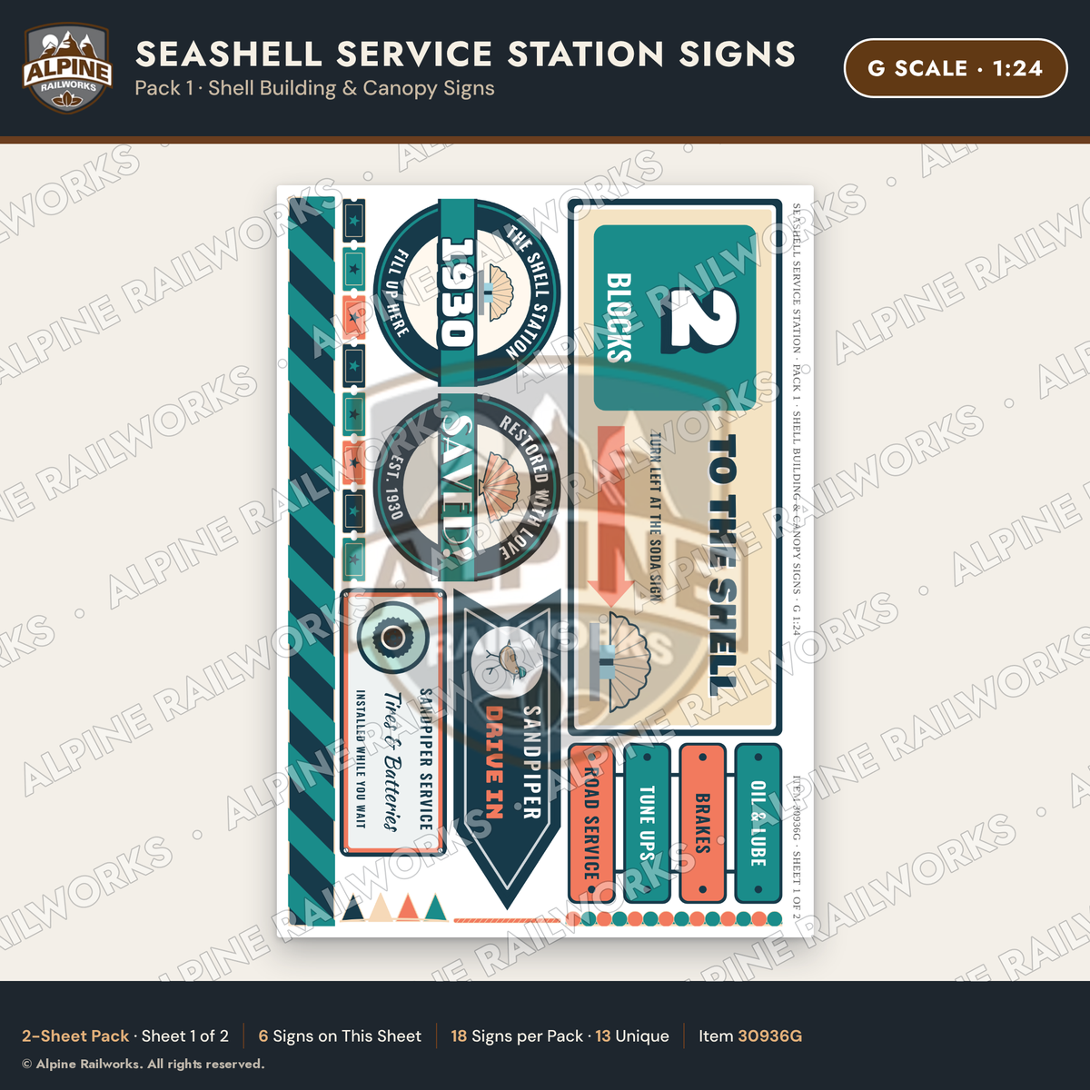 Alpine Railworks 30936G G Scale Roadside Signs - Seashell Gas Station