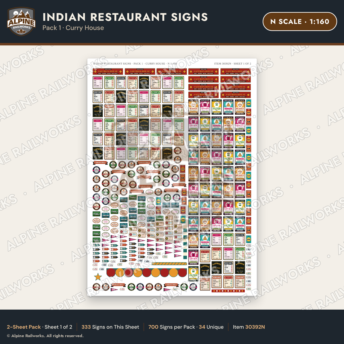 Alpine Railworks 30392N N Scale Indian Restaurant Signs - Curry House