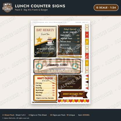 Alpine Railworks 30108G G Scale Lunch Counter Signs - Big Al's Frank