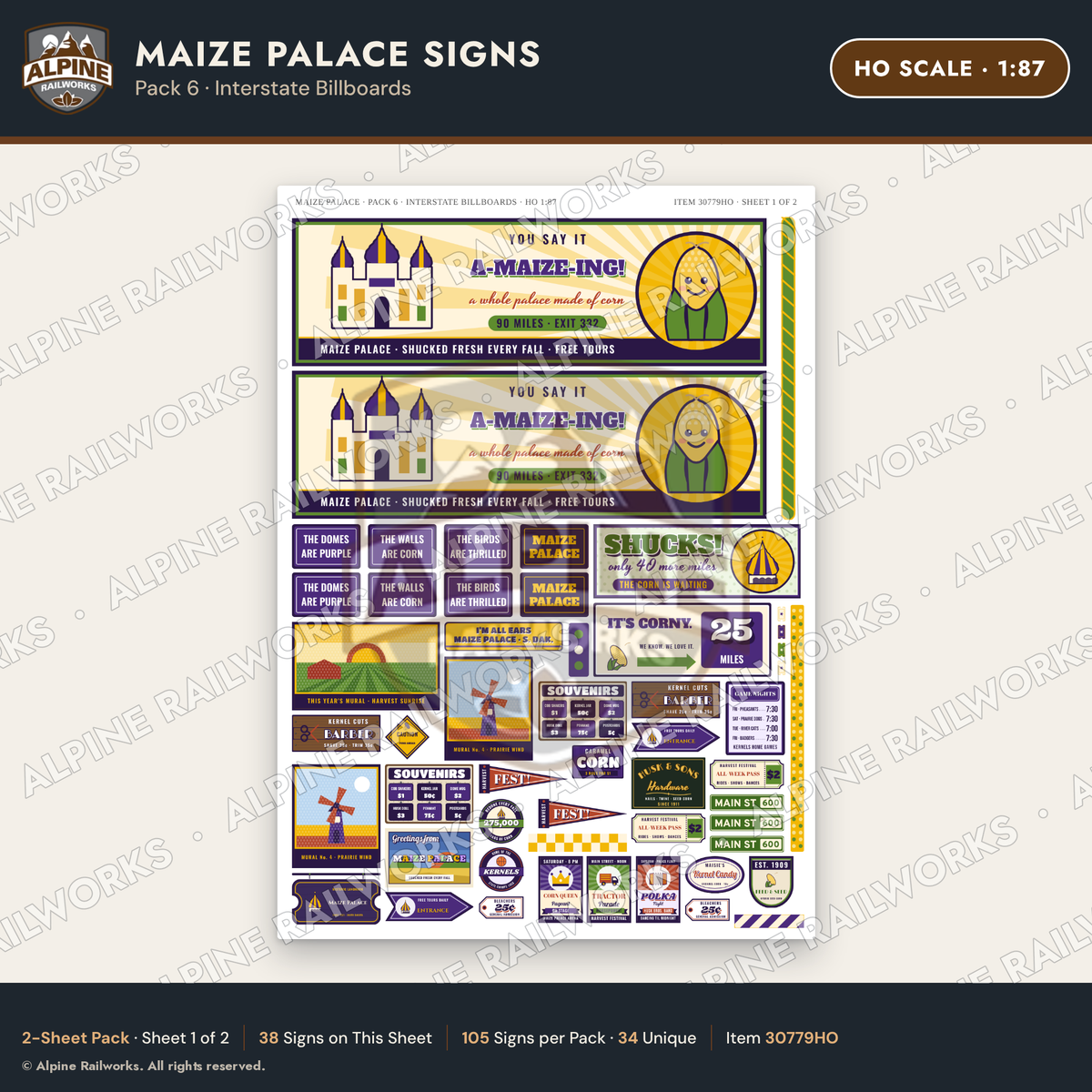 Alpine Railworks 30779HO HO Scale Roadside Signs - Corn Palace
