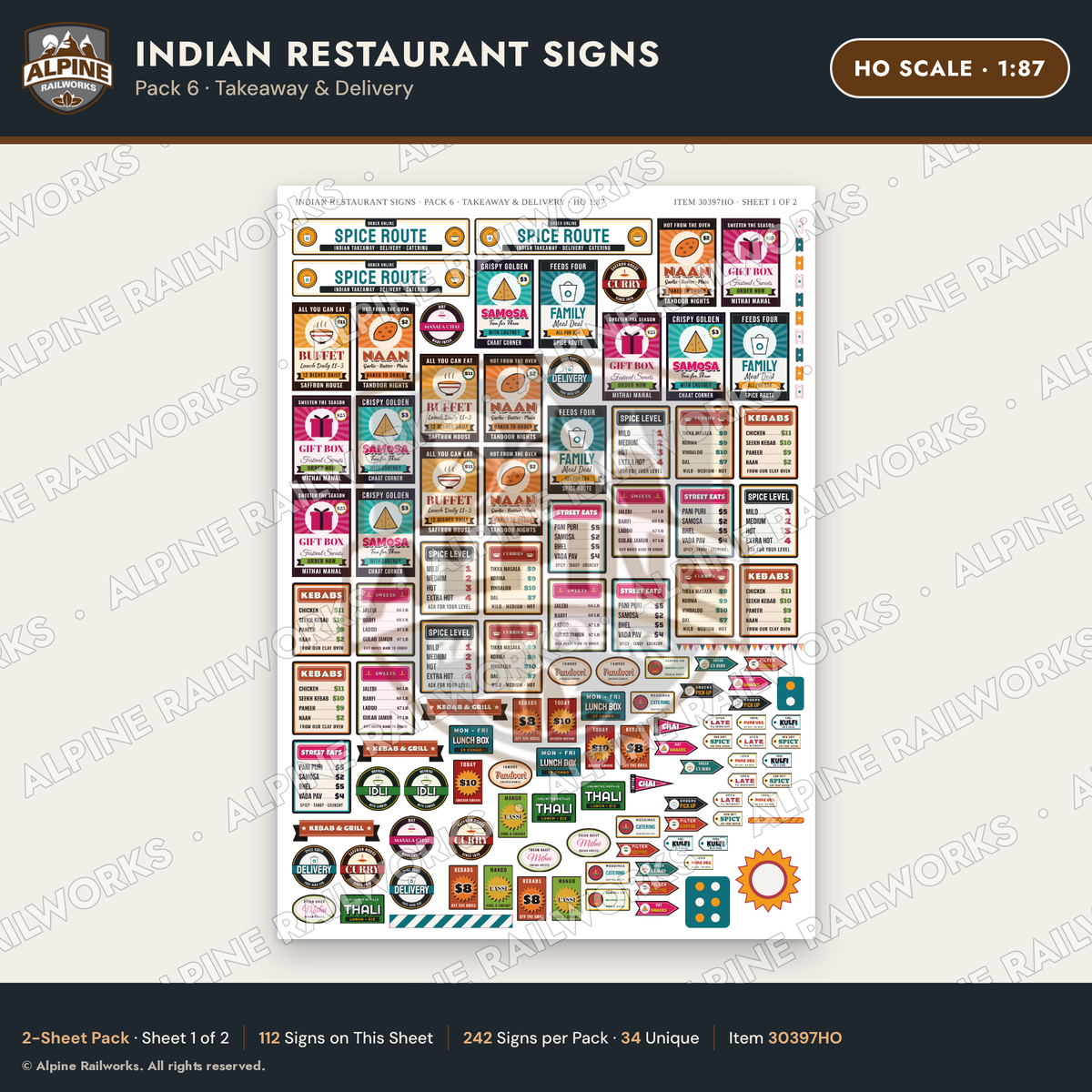 Alpine Railworks 30397HO HO Scale Indian Restaurant Signs - Takeaway