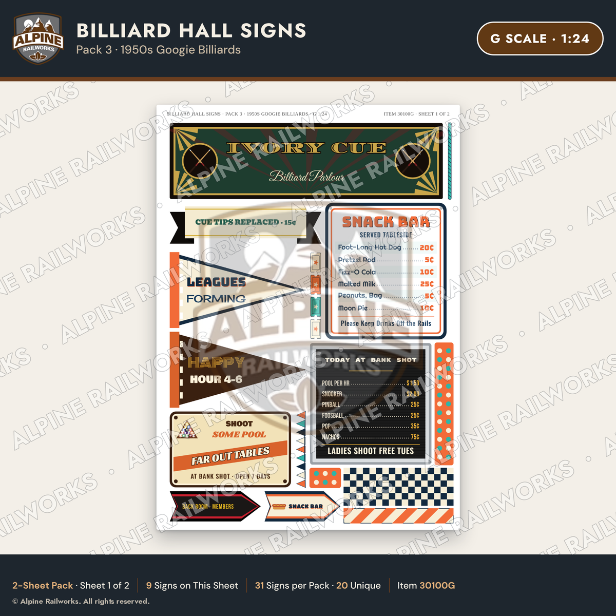 Alpine Railworks 30100G G Scale Billiard Hall Signs - Googie Billiards