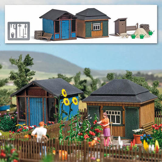 Busch 1617 HO Scale Garden - Summer Sheds -- Laser-Cut Kit - Set 2: 2 Sheds, Outhouse, 2 Woodpiles, Garden Details, Fence