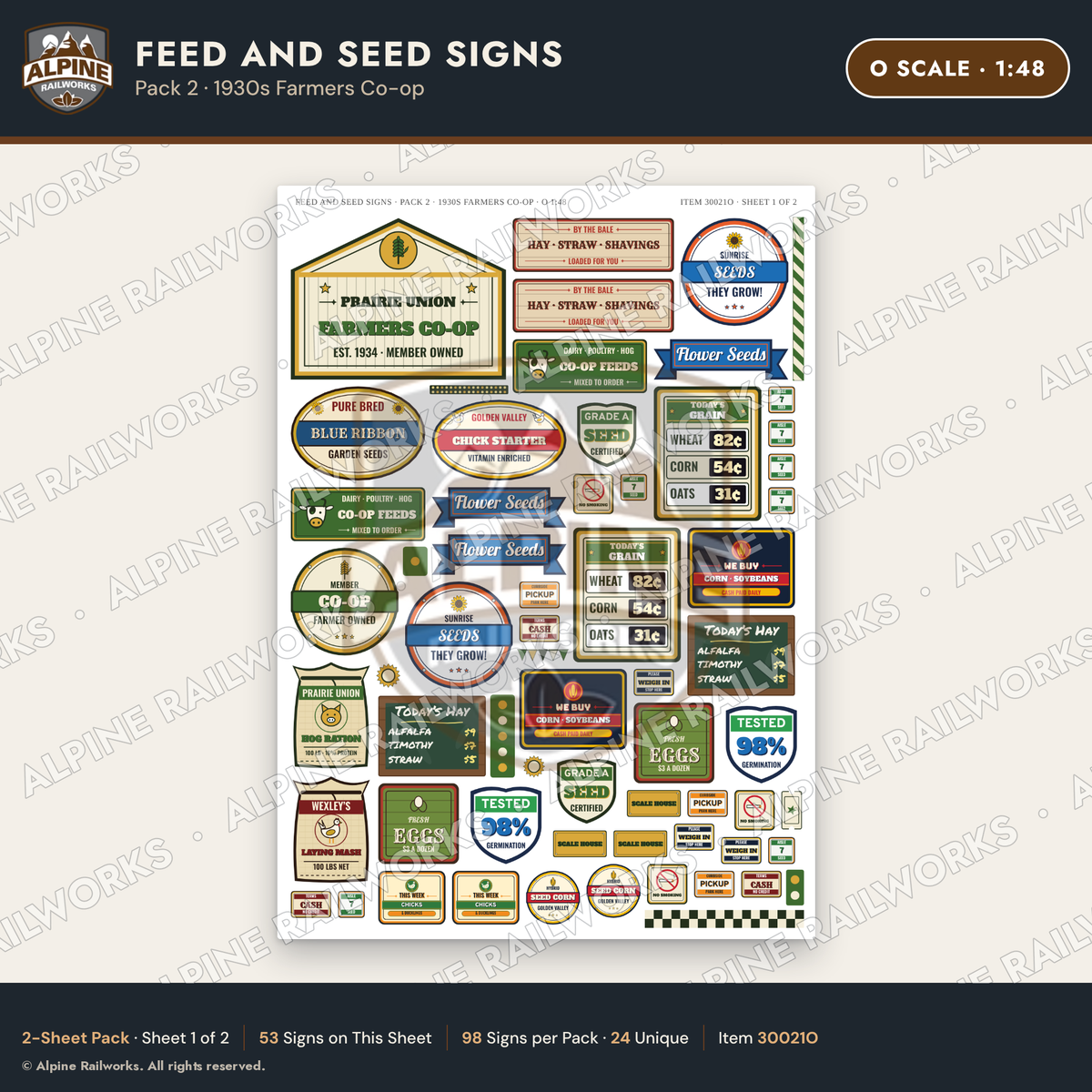Alpine Railworks 30021O O Scale Feed and Seed Signs - Farmers Co-op