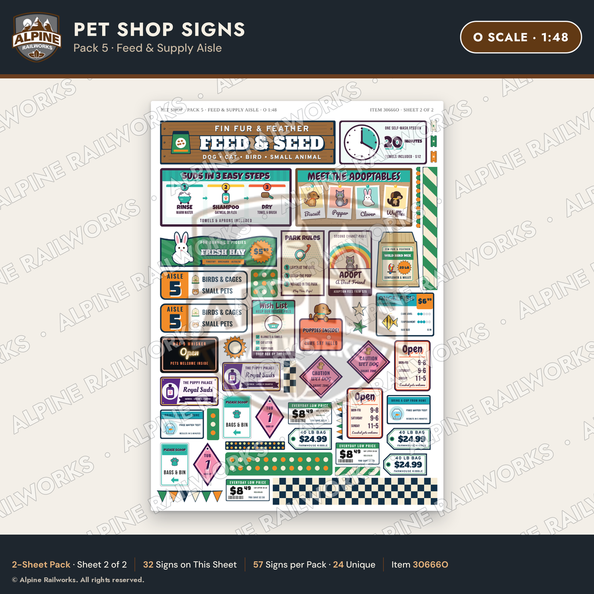 Alpine Railworks 30666O O Scale Pet Shop Signs - Feed & Supply Aisle