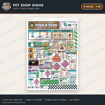 Alpine Railworks 30666O O Scale Pet Shop Signs - Feed & Supply Aisle