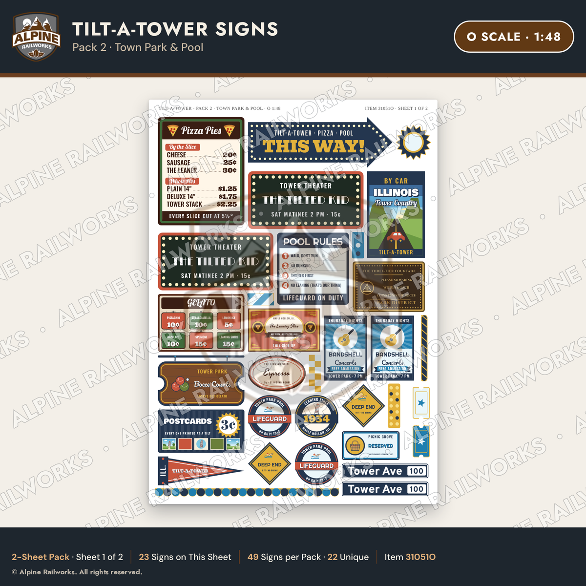 Alpine Railworks 31051O O Scale Roadside Signs - Leaning Tower