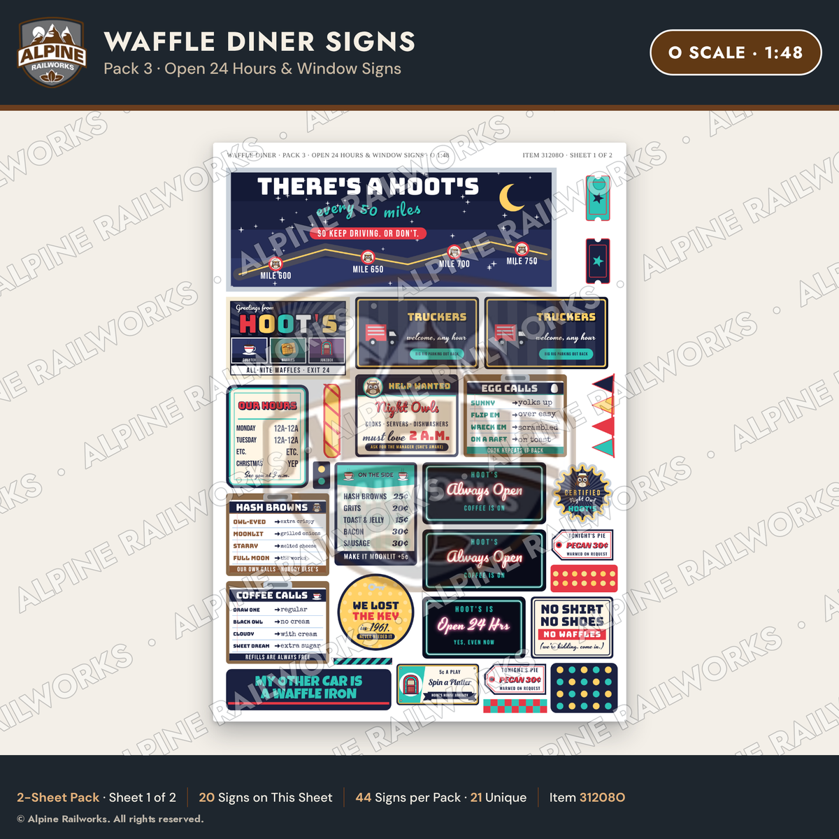 Alpine Railworks 31208O O Scale Waffle Diner Signs - Open 24 Hours