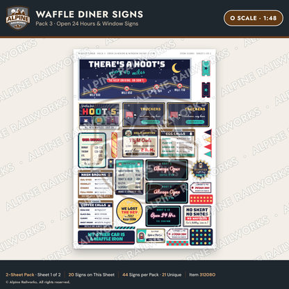 Alpine Railworks 31208O O Scale Waffle Diner Signs - Open 24 Hours