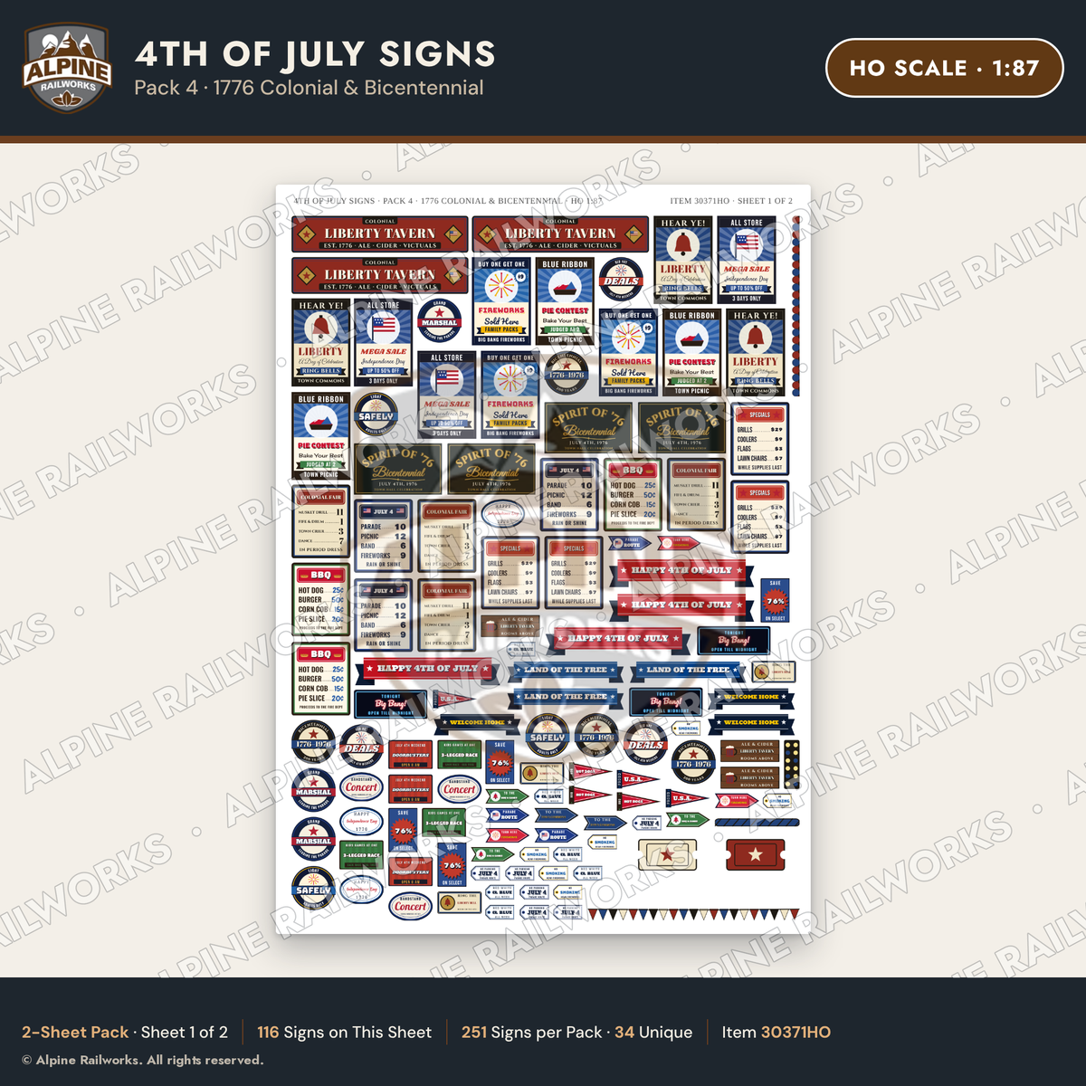 Alpine Railworks 30371HO HO Scale 4th of July Signs - 1776 Colonial