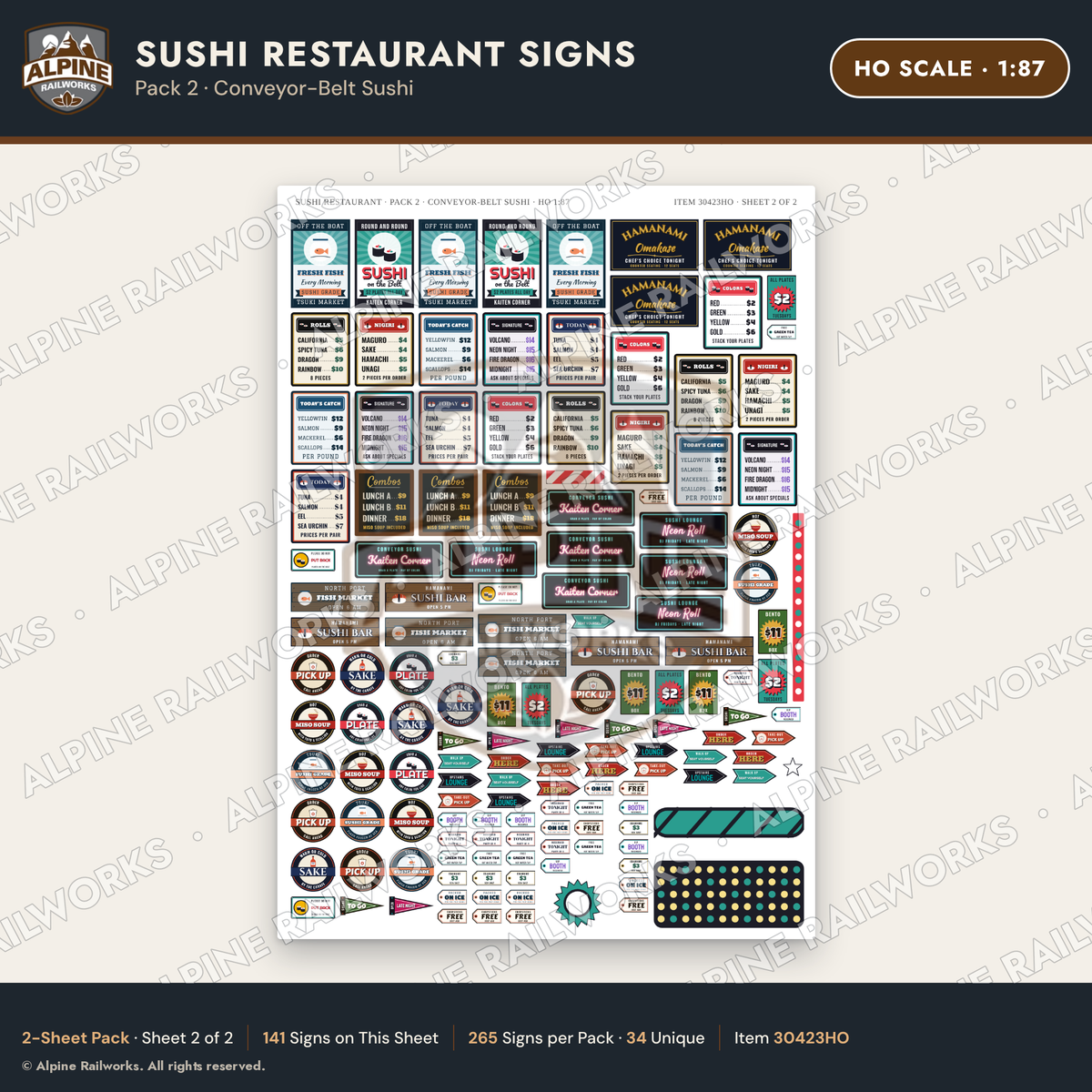 Alpine Railworks 30423HO HO Scale Sushi Restaurant Signs