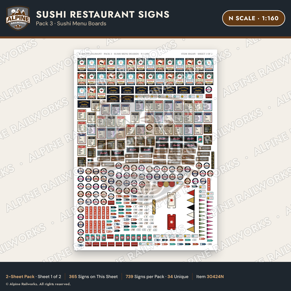 Alpine Railworks 30424N N Scale Sushi Restaurant Signs
