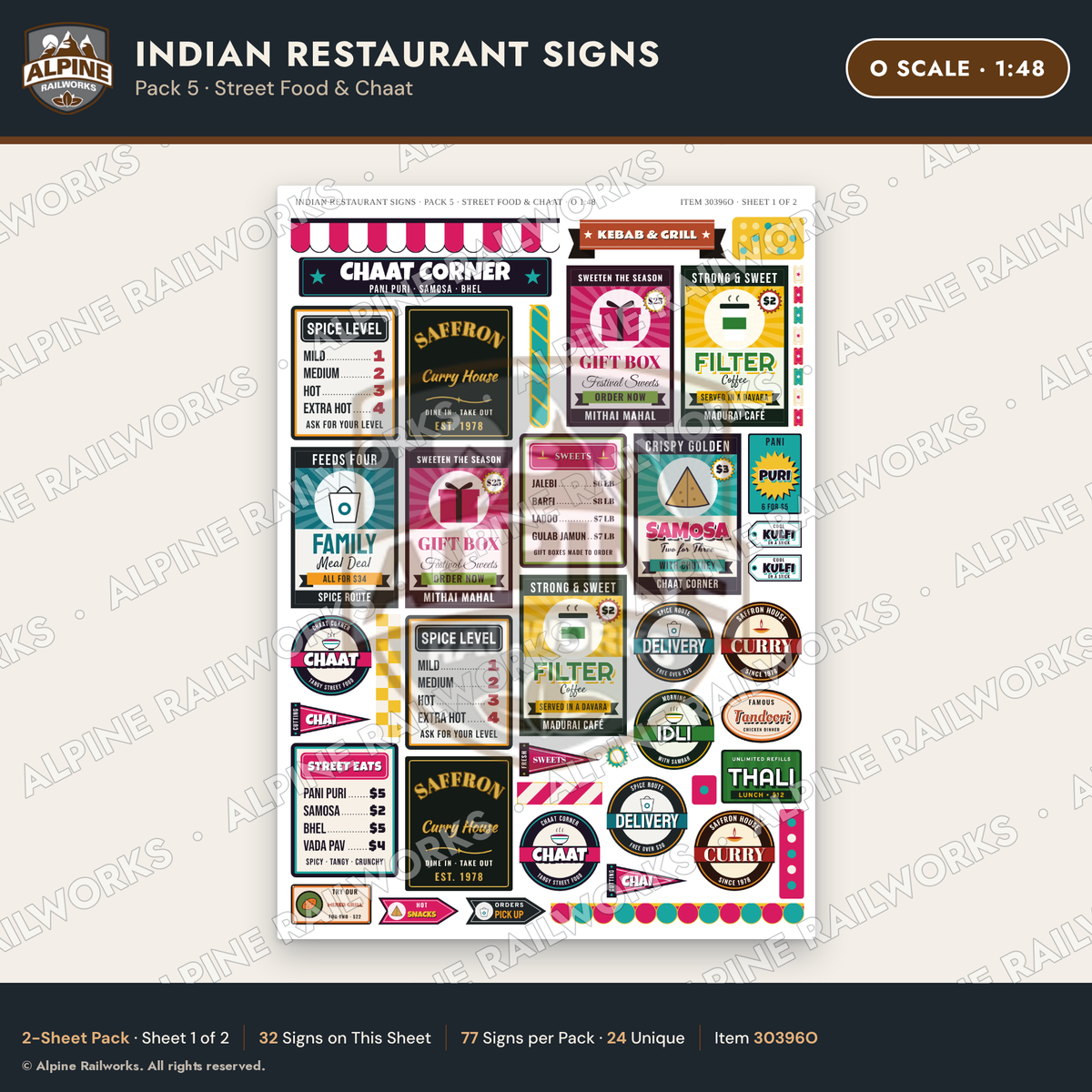 Alpine Railworks 30396O O Scale Indian Restaurant Signs - Street Food