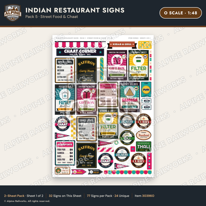 Alpine Railworks 30396O O Scale Indian Restaurant Signs - Street Food