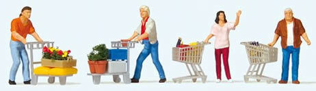 Preiser 10722 HO Scale Shoppers with Shopping Carts pkg(4)