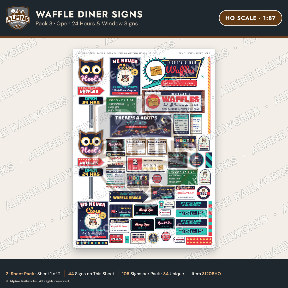 Alpine Railworks 31208HO HO Scale Waffle Diner Signs - Open 24 Hours