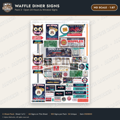Alpine Railworks 31208HO HO Scale Waffle Diner Signs - Open 24 Hours