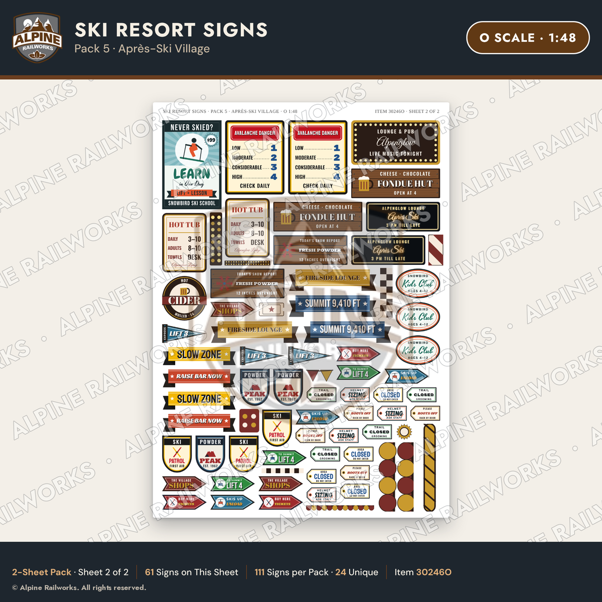 Alpine Railworks 30246O O Scale Ski Resort Signs - Apres-Ski Village