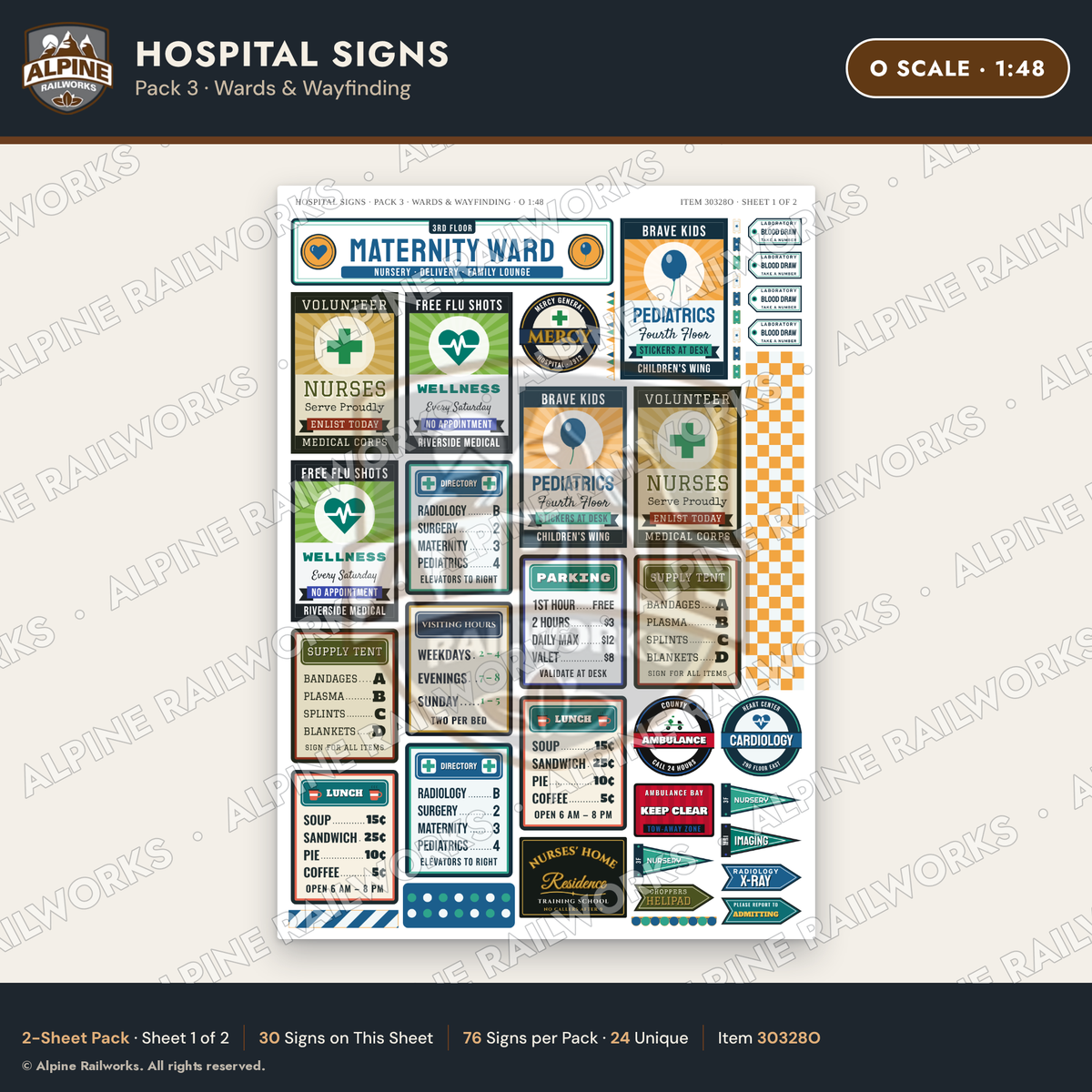 Alpine Railworks 30328O O Scale Hospital Signs - Wards & Wayfinding