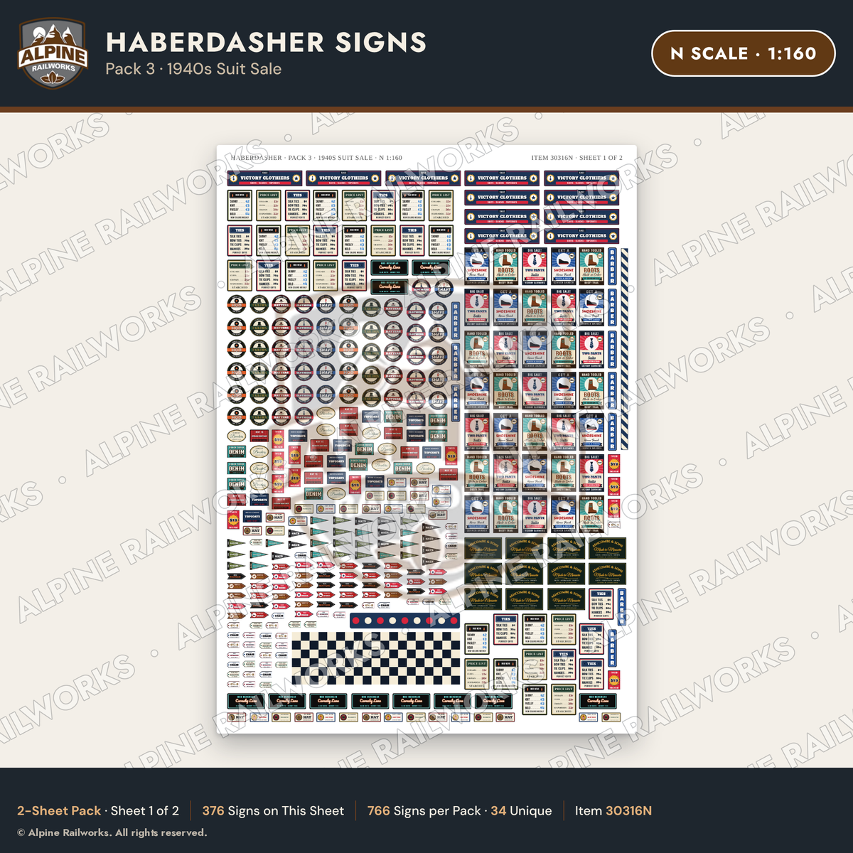 Alpine Railworks 30316N N Scale Haberdasher Signs - 1940s Suit Sale