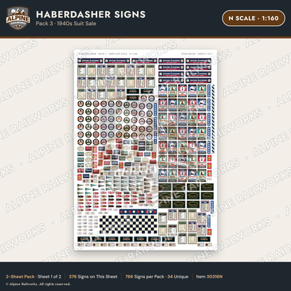 Alpine Railworks 30316N N Scale Haberdasher Signs - 1940s Suit Sale