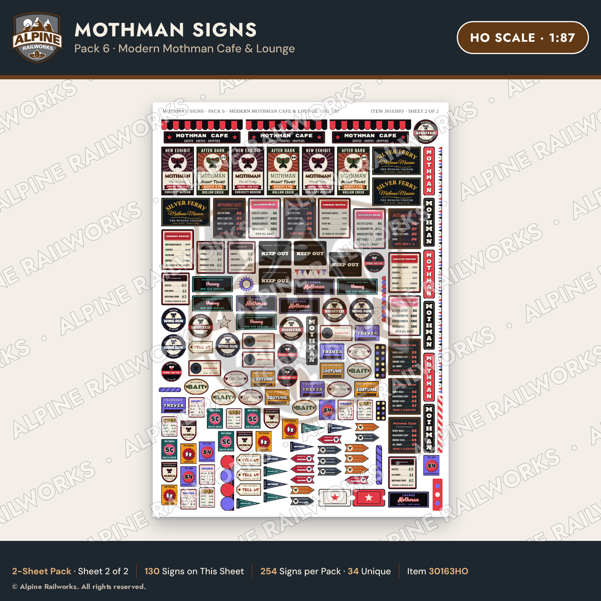 Alpine Railworks 30163HO HO Scale Mothman Signs - Modern Mothman Cafe