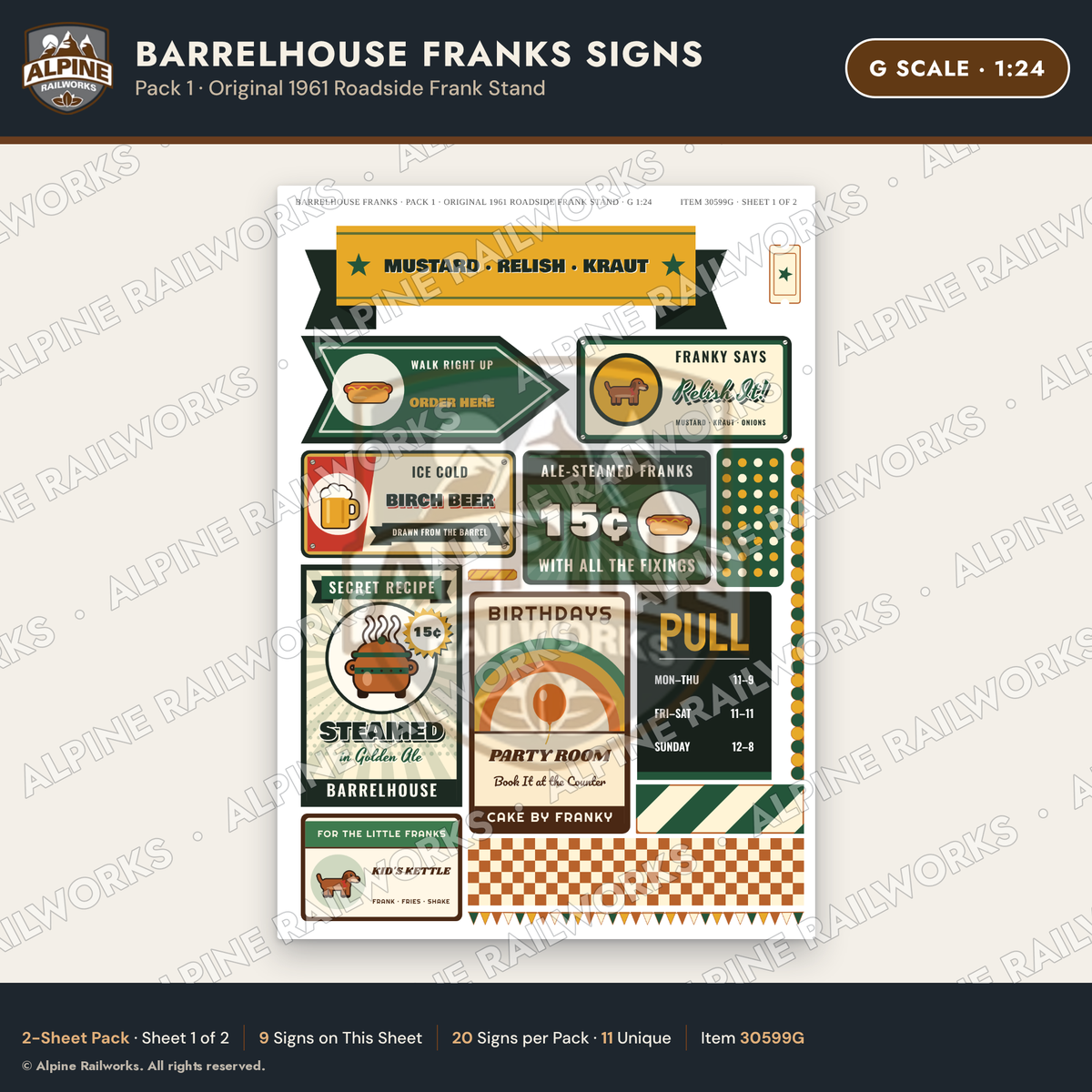Alpine Railworks 30599G G Scale Fast Food Signs - Hot Dogs