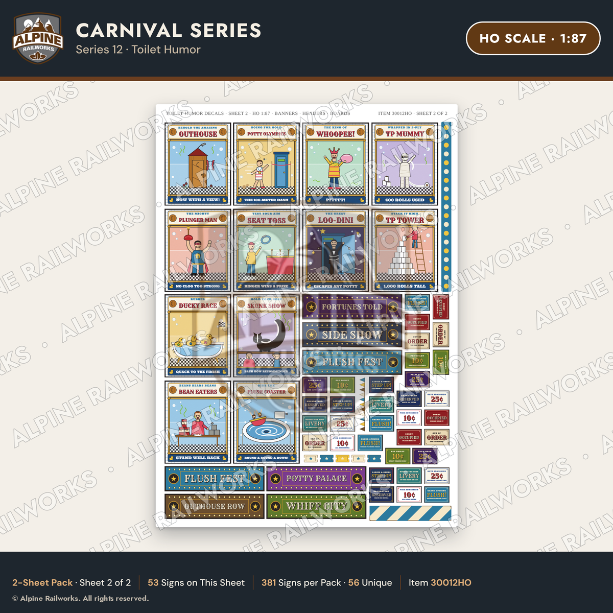 Alpine Railworks 30012HO HO Scale Carnival Signs - Toilet Humor
