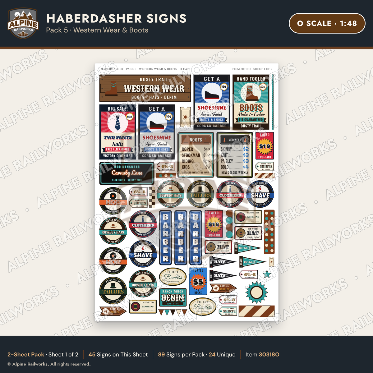 Alpine Railworks 30318O O Scale Haberdasher Signs - Western Wear