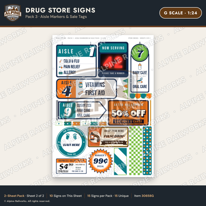 Alpine Railworks 30658G G Scale Drug Store Signs - Aisle Markers