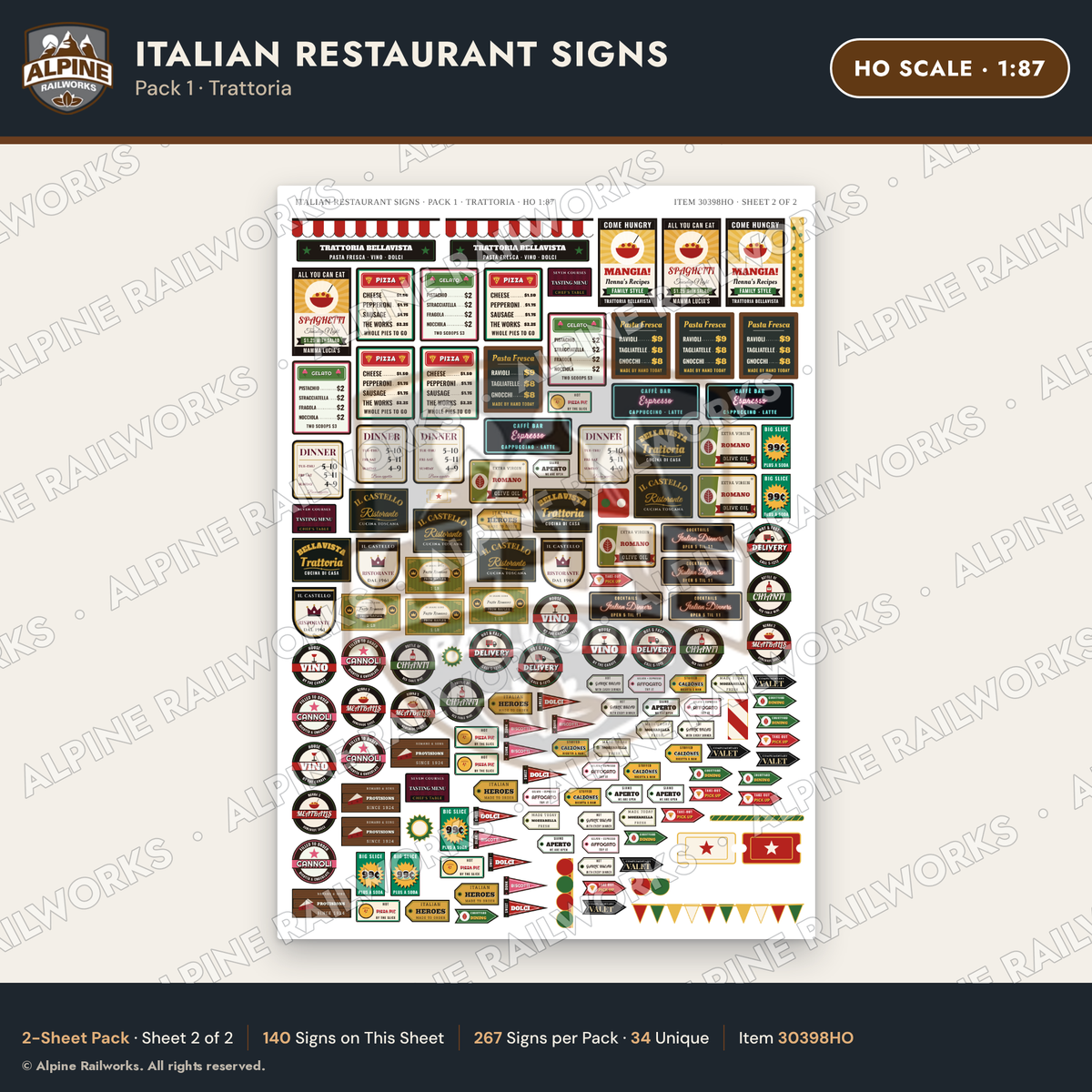 Alpine Railworks 30398HO HO Scale Italian Restaurant Signs - Trattoria