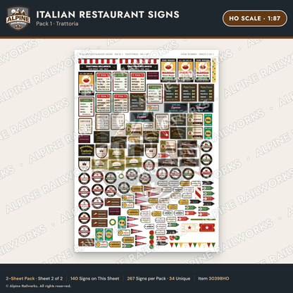 Alpine Railworks 30398HO HO Scale Italian Restaurant Signs - Trattoria