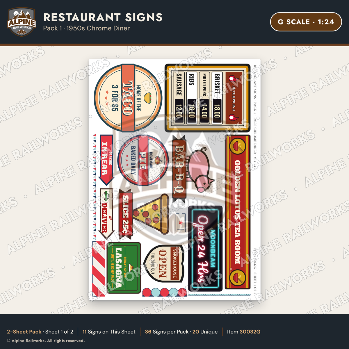 Alpine Railworks 30032G G Scale Restaurant Signs - 1950s Chrome Diner