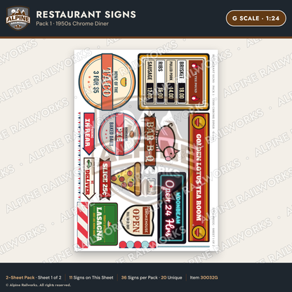 Alpine Railworks 30032G G Scale Restaurant Signs - 1950s Chrome Diner