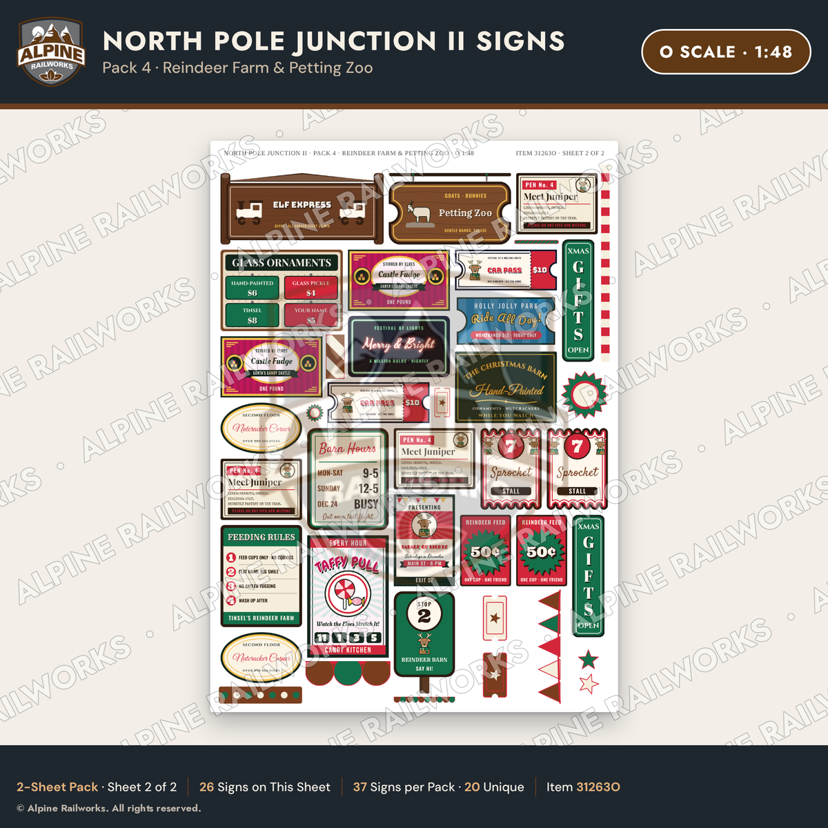Alpine Railworks 31263O O Scale Christmas Town Signs - Reindeer Farm