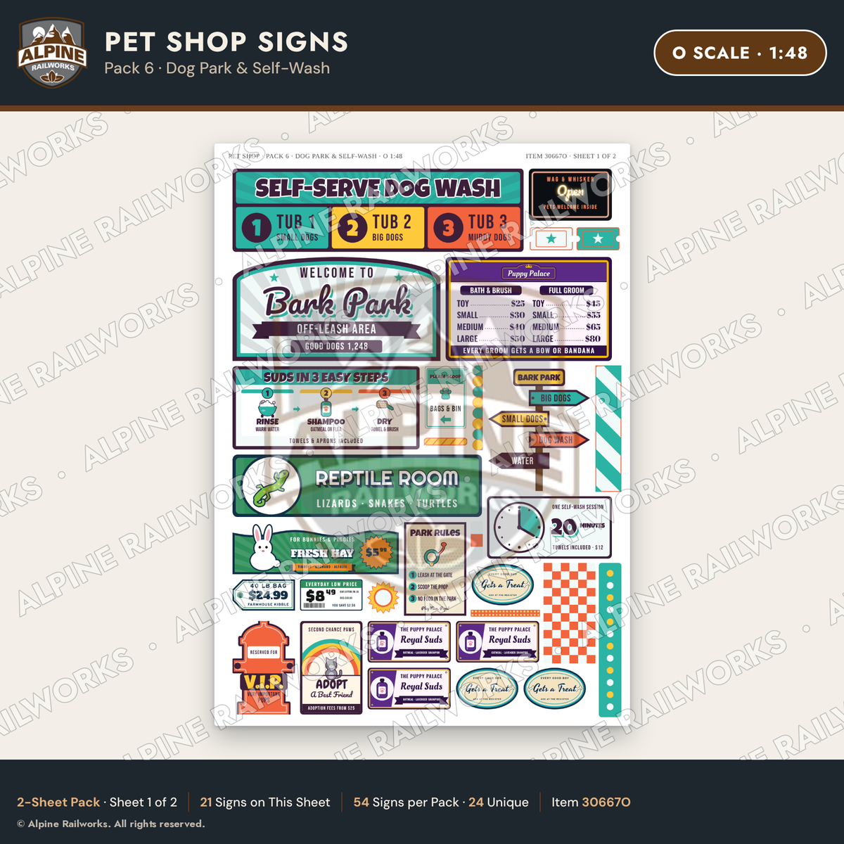 Alpine Railworks 30667O O Scale Pet Shop Signs - Dog Park & Self-Wash