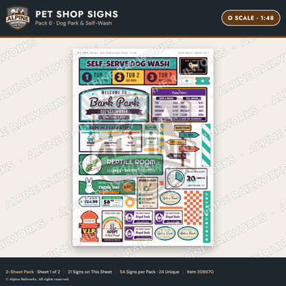 Alpine Railworks 30667O O Scale Pet Shop Signs - Dog Park & Self-Wash