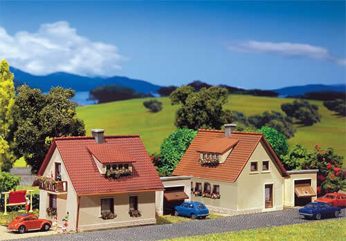 Faller 232226 N Scale One-Family Houses - 2 w/Garages -- 3-7/8 x 2-1/4 x 2"