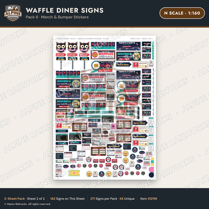 Alpine Railworks 31211N N Scale Waffle Diner Signs - Bumper Stickers