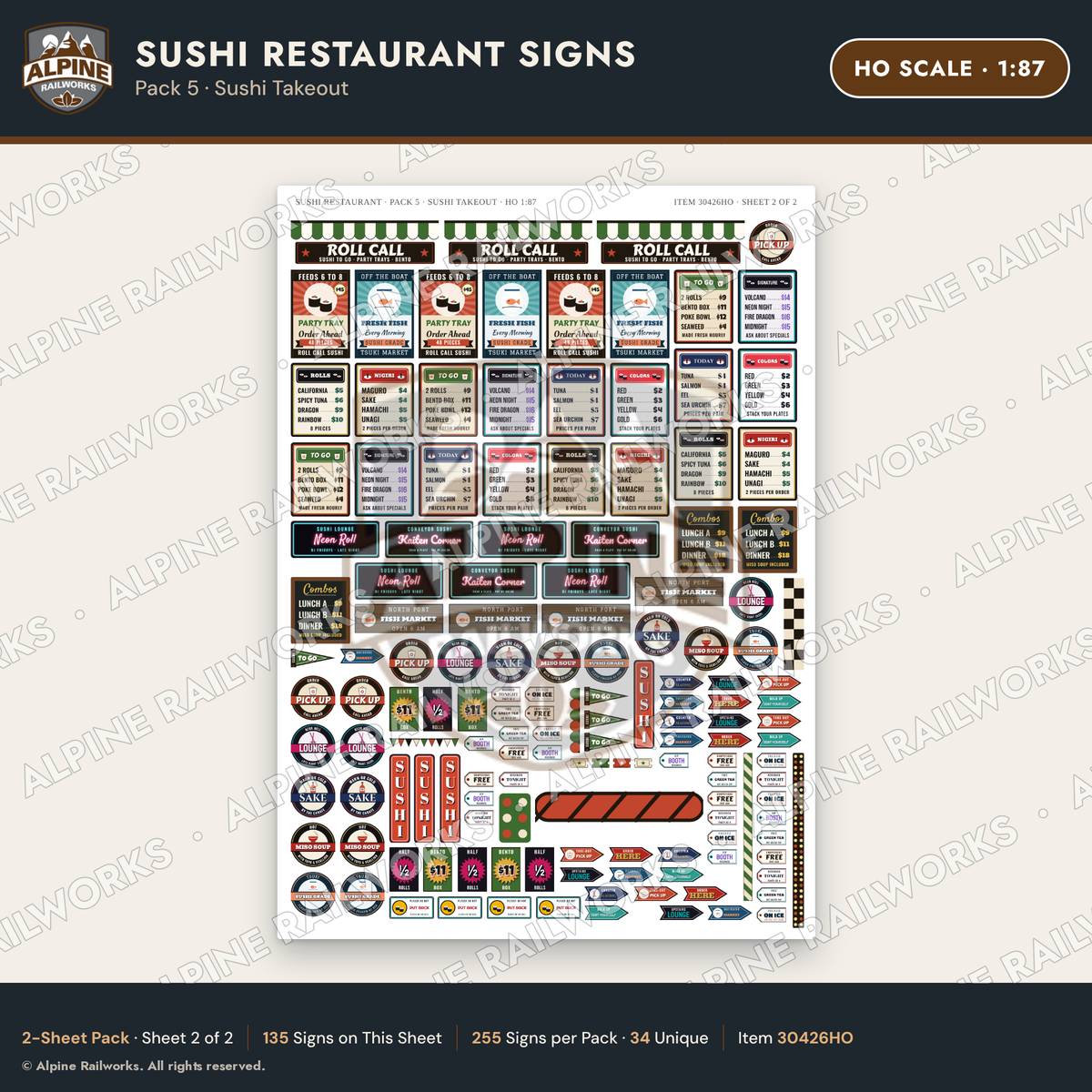 Alpine Railworks 30426HO HO Scale Sushi Restaurant Signs