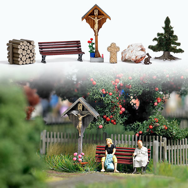 Busch 1148 HO Scale Wayside Cross & Accessories - Kit (Laser-Cut Wood) -- Bench, Wood Pile, Stone Foundling, Stone Cross, Rabbit & Small Spruce Tree