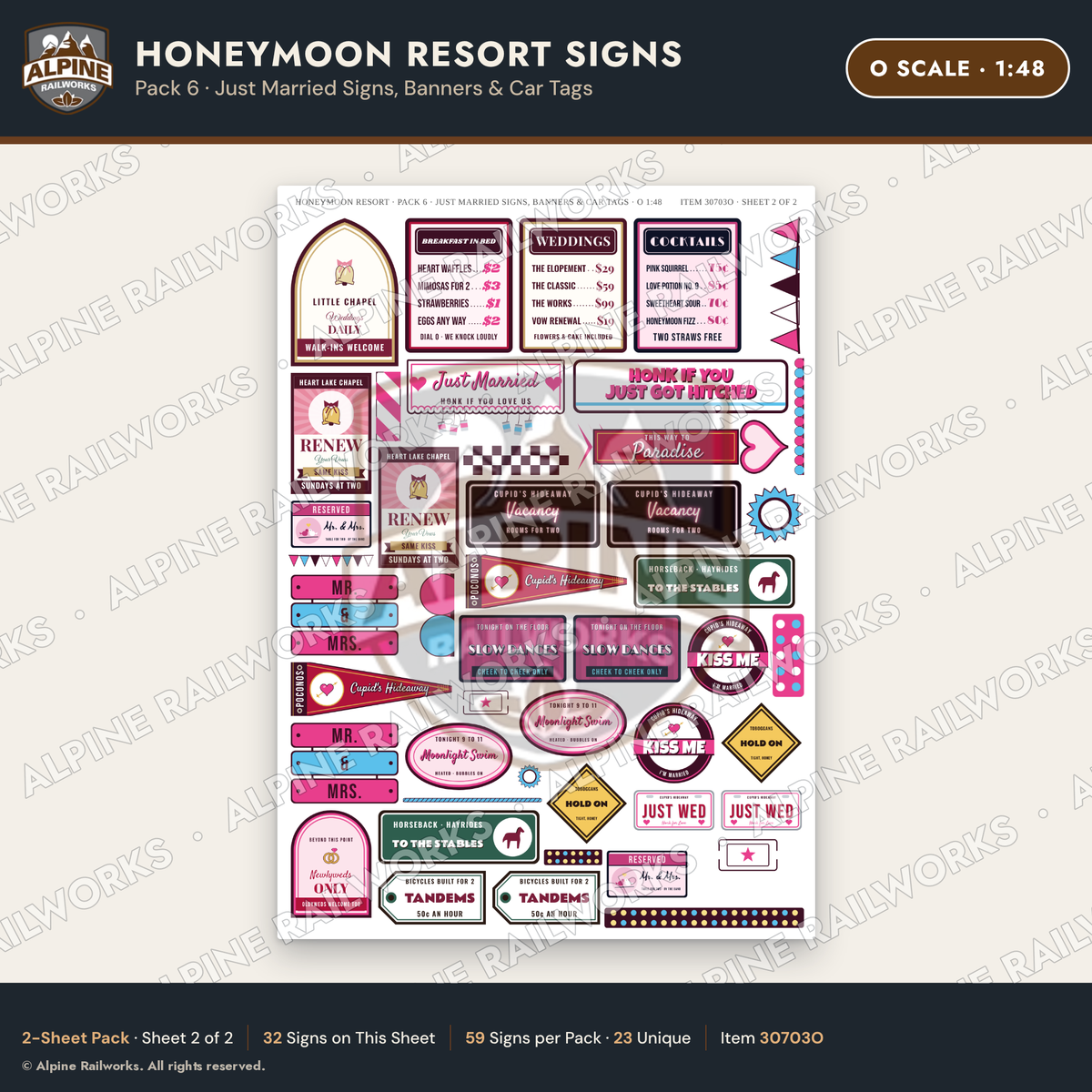 Alpine Railworks 30703O O Scale Honeymoon Resort Signs - Just Married